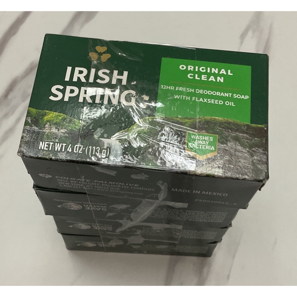 Irish Spring Original Clean Deodorant Soap 4 Pack 4oz Bars with Flaxseed Oil